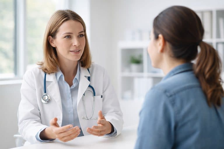 Médica conversando com paciente durante consulta, representando o acompanhamento, diagnóstico e tratamento do lúpus e esclarecendo dúvidas sobre a doença.