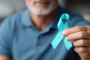Homem segurando laço azul,, simbolizando a importância do diagnóstico precoce e da prevenção do Câncer de Próstata.