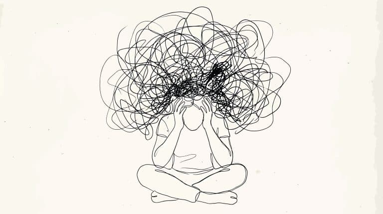 Ilustração de pessoa sentada com expressão de sofrimento mental e pensamentos confusos ao redor da cabeça, representando os sintomas e desafios da Esquizofrenia.