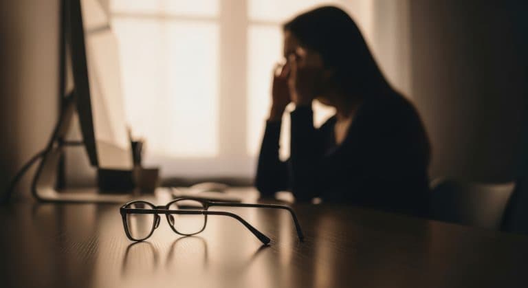 Mulher sentada em frente ao computador com expressão de cansaço e tensão, ilustrando os impactos do estresse crônico na saúde mental e no bem-estar.