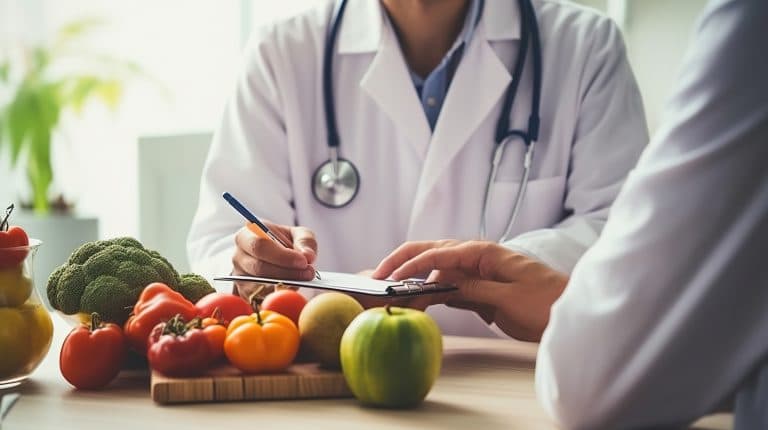 Profissional de saúde orientando paciente sobre dietas durante consulta nutricional.