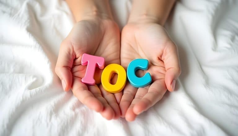 Mãos segurando letras coloridas que formam a palavra TOC, representando a conscientização sobre o Transtorno Obsessivo-Compulsivo e seus sintomas que vão além da organização e da limpeza.