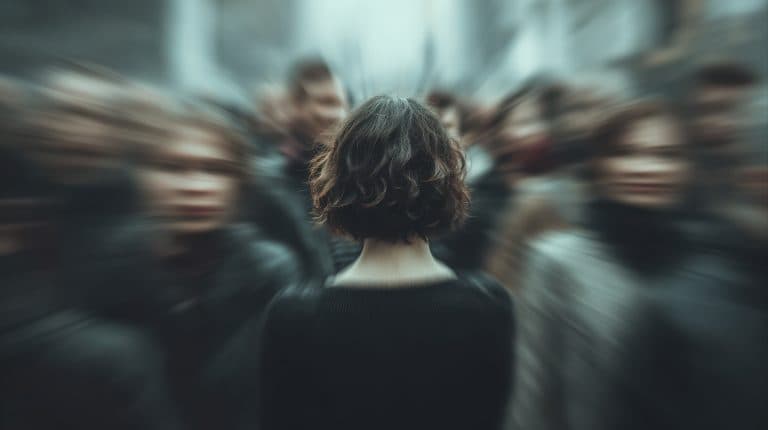 Pessoa em meio a uma multidão desfocada, transmitindo sensação de medo intenso, confusão e perda de controle, sintomas frequentemente associados ao transtorno do pânico durante uma crise.