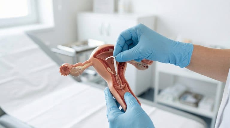 Modelo anatômico do útero com um DIU sendo posicionado por um profissional de saúde, ilustrando o procedimento de inserção do dispositivo intrauterino em consultório ginecológico.