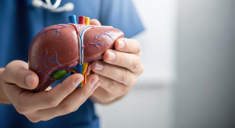 Profissional de saúde segura modelo anatômico do fígado, representando cuidados, prevenção e tratamento da gordura no fígado.