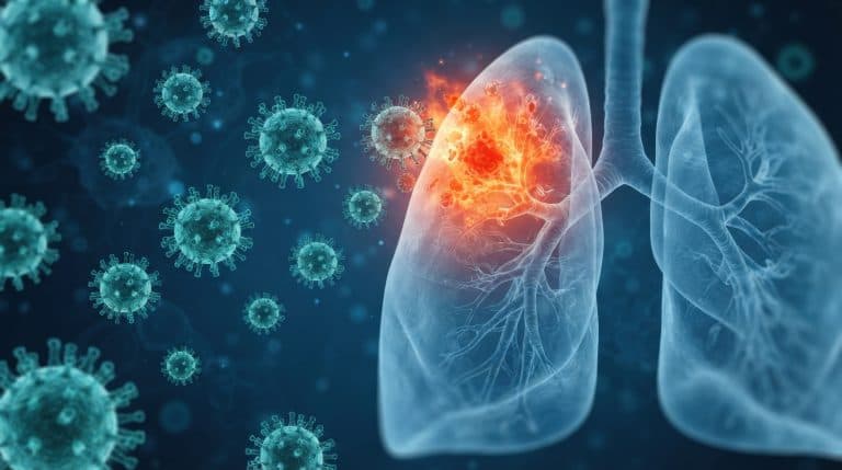 Ilustração dos pulmões com área inflamada e partículas virais ao redor, representando infecções respiratórias que afetam as vias respiratórias.