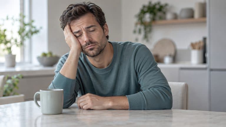 Homem sentado à mesa, com os olhos fechados e a cabeça apoiada na mão, demonstrando cansaço e sonolência, sintomas que podem estar relacionados ao estresse e à má qualidade do sono.