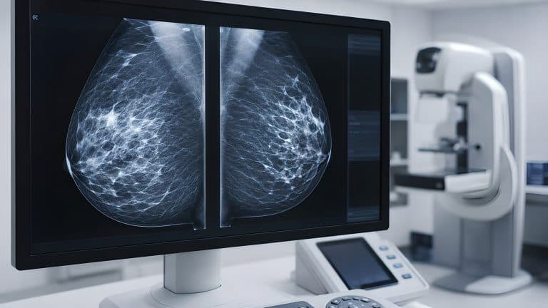 Imagens de mamografia exibidas em um monitor, com equipamento de exame ao fundo, destacando a importância do procedimento para a detecção precoce do câncer de mama.