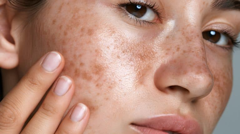 Close do rosto de uma mulher com manchas escuras na pele, tocando a bochecha para observar alterações na pigmentação que podem precisar de avaliação dermatológica.