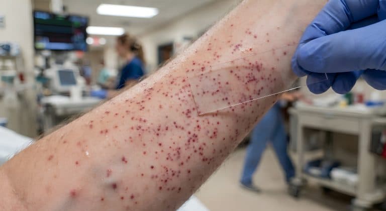 Braço com pequenas manchas avermelhadas na pele sendo examinado por profissional de saúde, representando um possível sinal associado à meningite.