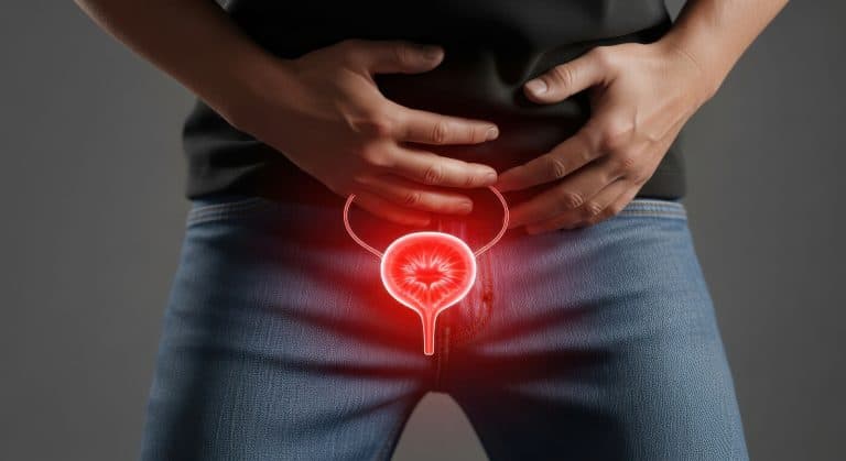 Homem com dor na região pélvica e ilustração do trato urinário, representando sintomas de Infecção urinária no homem.