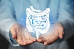 Mãos abertas sustentando uma ilustração do intestino humano em destaque, representando informações sobre câncer colorretal, seus sintomas, causas e tratamento.